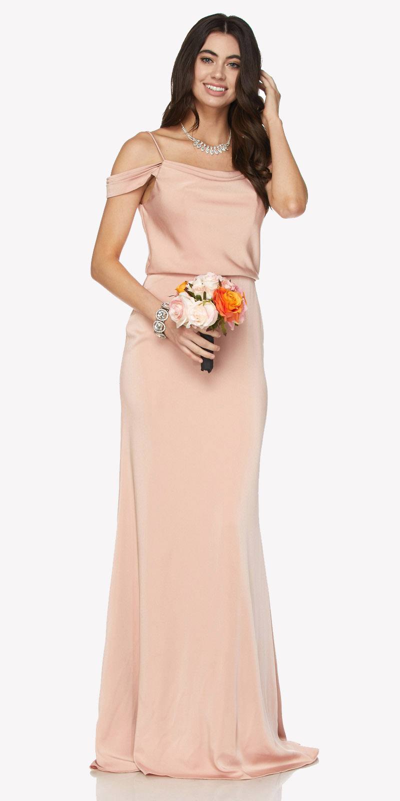 Blush off-shoulder long dress with fitted bodice and floor-length skirt