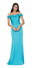 Turquoise off-shoulder long dress with fitted bodice and flowing skirt