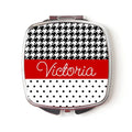 Personalized compact mirror with red name stripe and black-and-white houndstooth dots