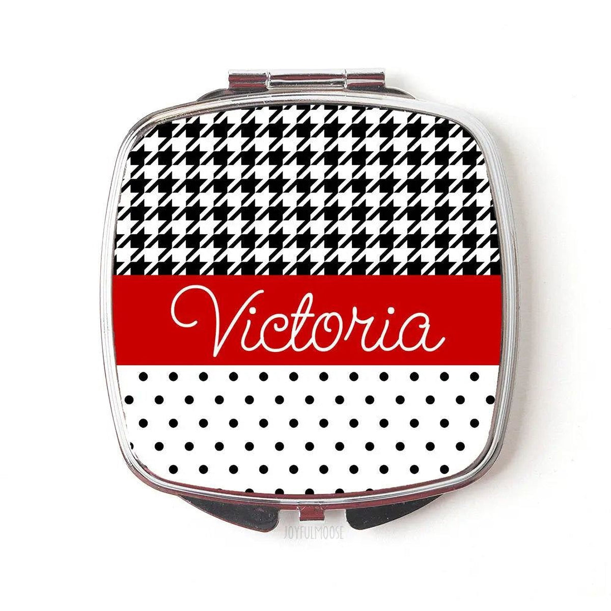 Personalized compact mirror with red name stripe and black-and-white houndstooth dots