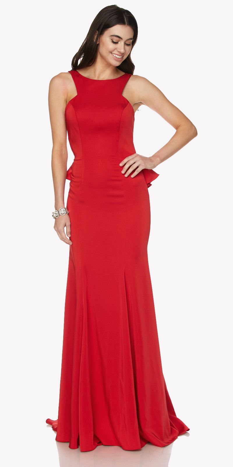 Red fit-and-flare evening gown with sleeveless bodice and mermaid hem