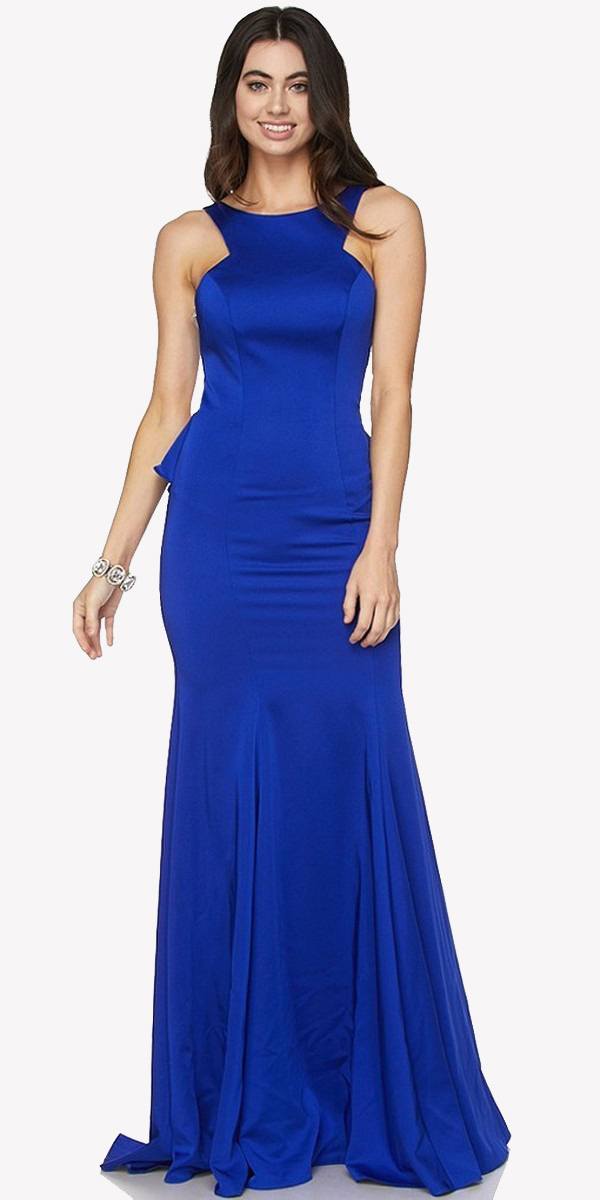 Blue fit-and-flare evening gown with ruffled waist detail