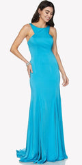 Turquoise fit-and-flare evening gown with sleeveless bodice and draped skirt
