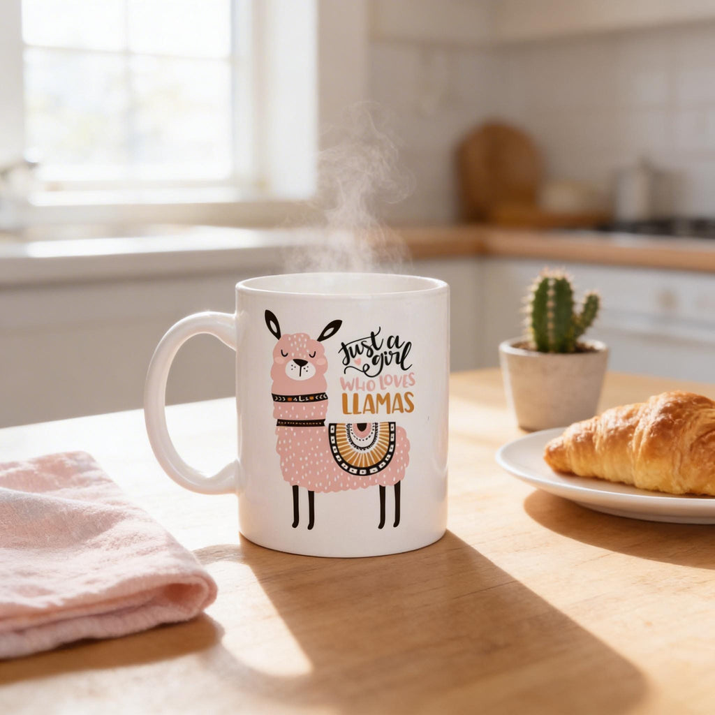 Ceramic llama coffee mug on table with croissant, white cup with colorful llama print