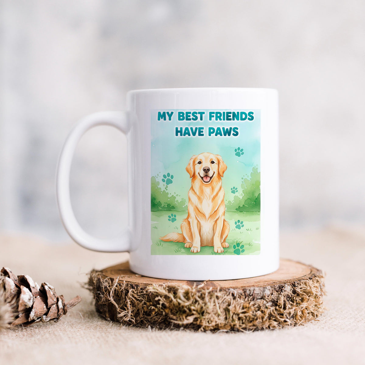 White ceramic mug with golden retriever illustration and text "My best friends have paws".