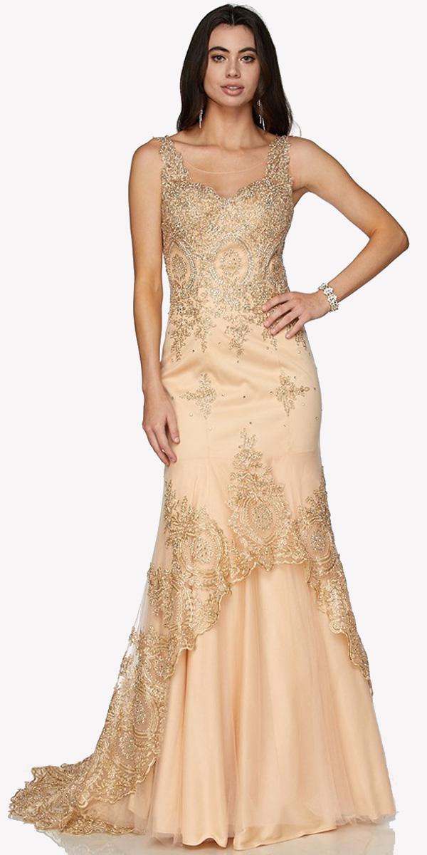 Beige embroidered mermaid gown with lace bodice and layered skirt