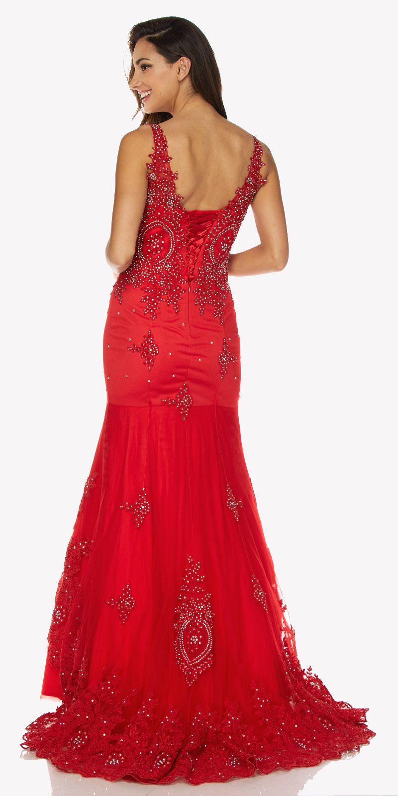 Red embroidered mermaid gown with open back and lace trim