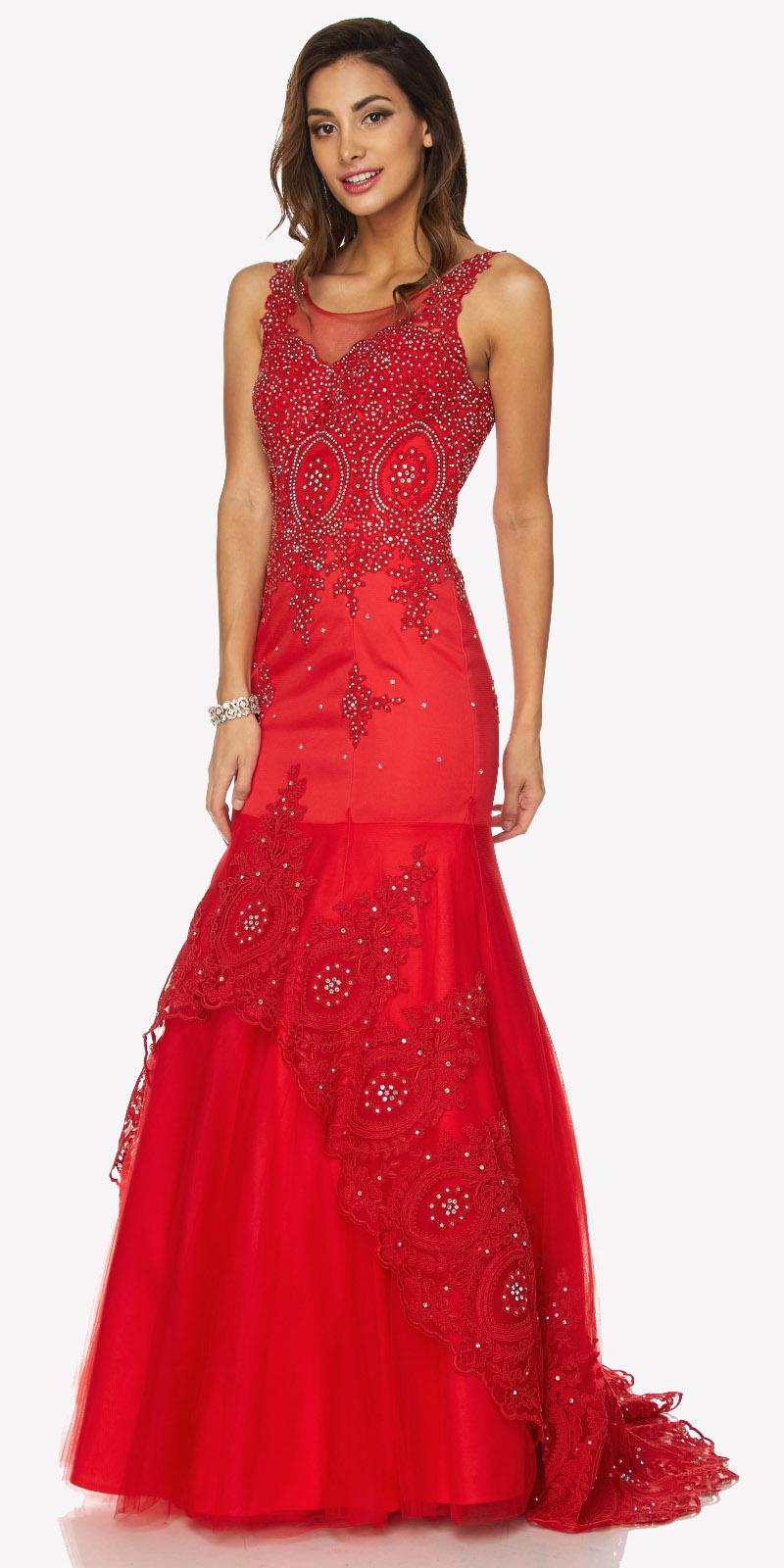 Red embroidered mermaid gown with beaded lace bodice