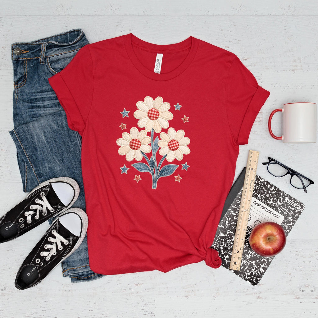 Red unisex crewneck T-shirt with daisy bouquet and star accents