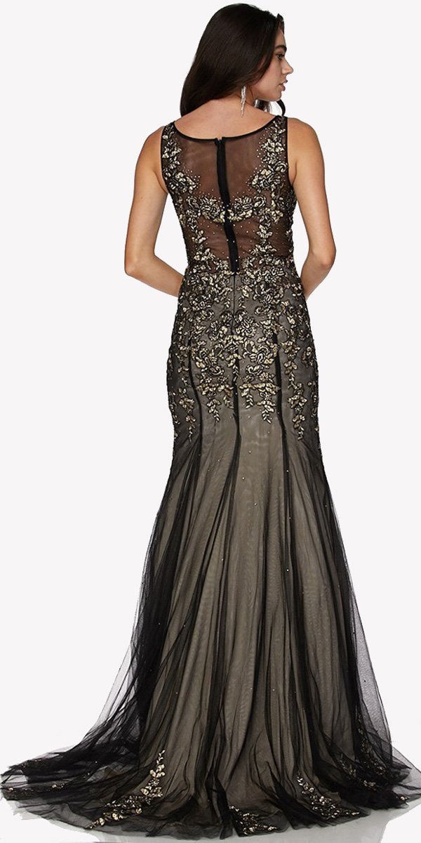Sleeveless mermaid gown back in black with gold embroidery and sheer tulle train