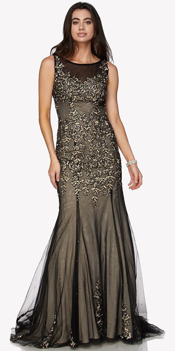Sleeveless mermaid gown in black with gold appliques, fitted waist and sheer flared skirt