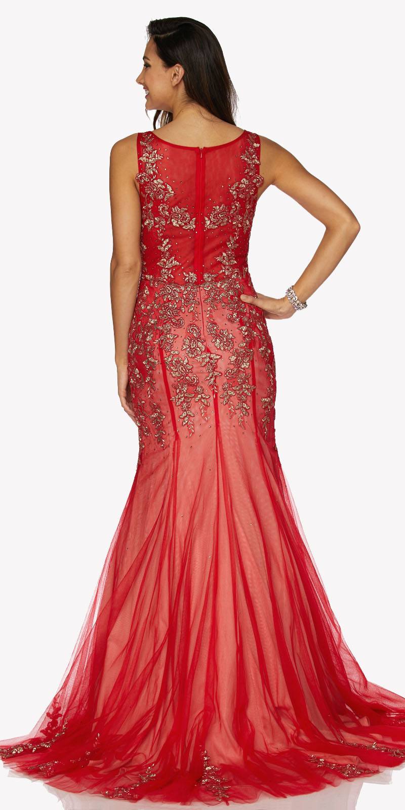 Sleeveless mermaid gown back view in red with gold appliques and long flowing train