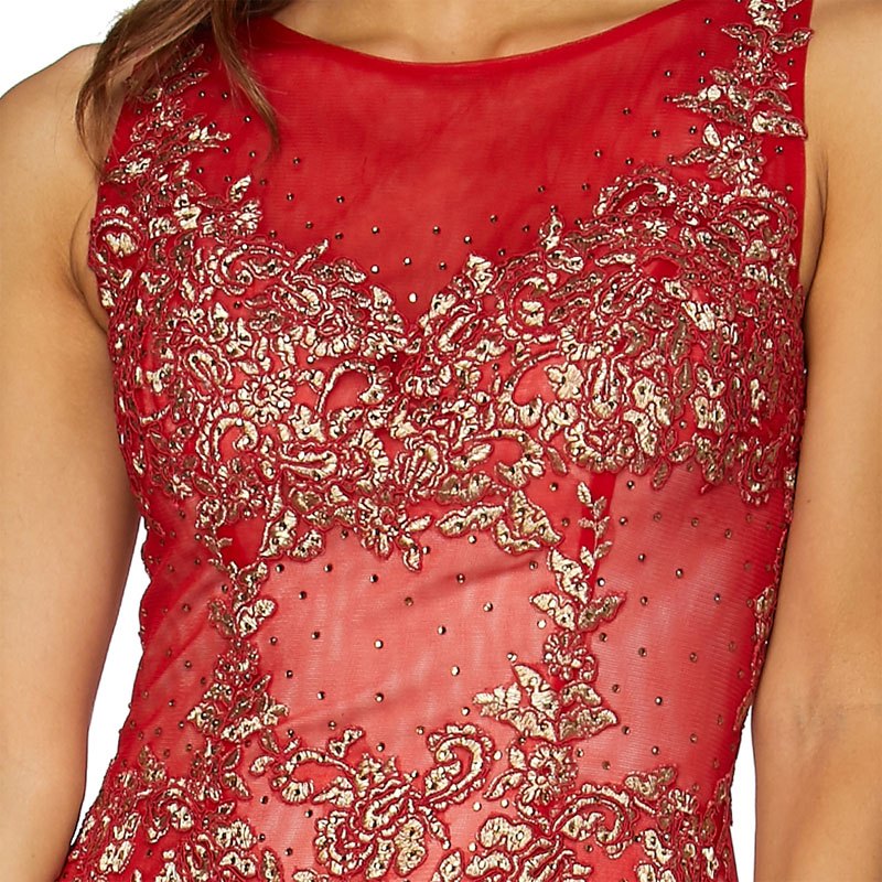 Sleeveless red gown bodice with dense gold embroidery and bead accents