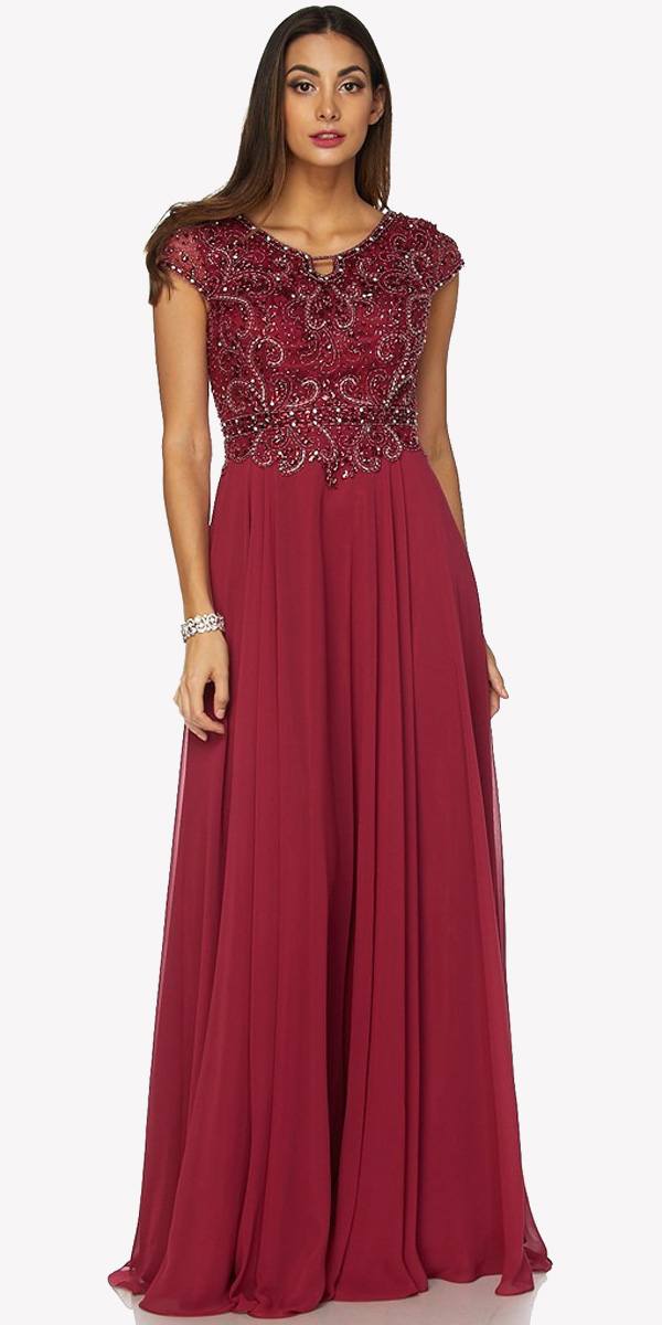 Burgundy long A-line dress with cap sleeves and beaded bodice, gathered skirt.