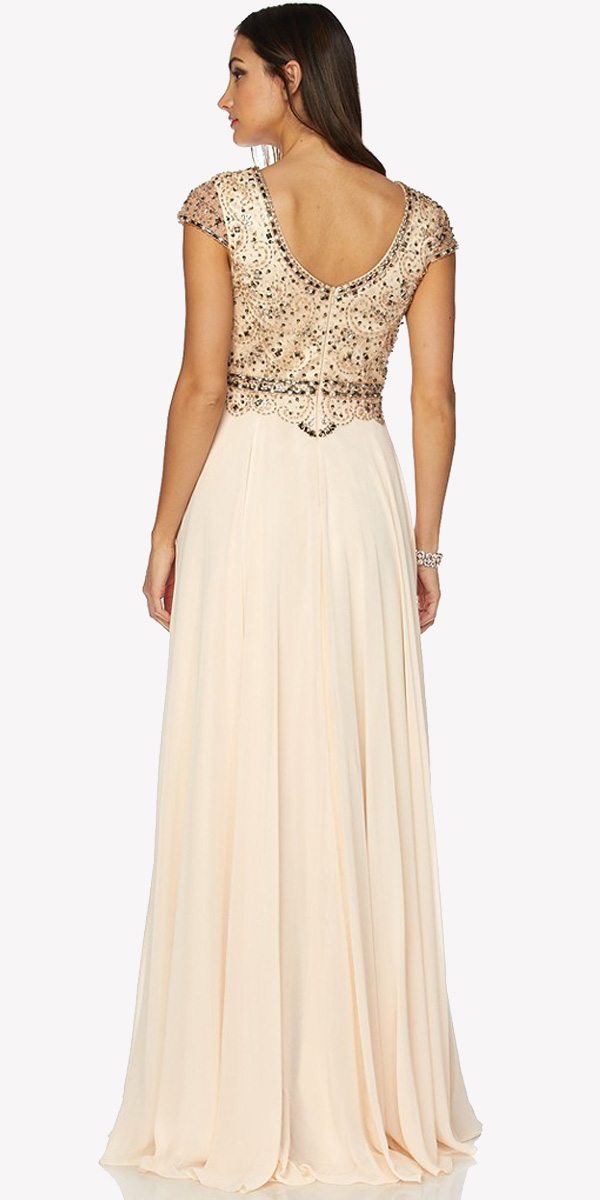 Champagne long A-line dress with cap sleeves and beaded bodice, open-back detail.