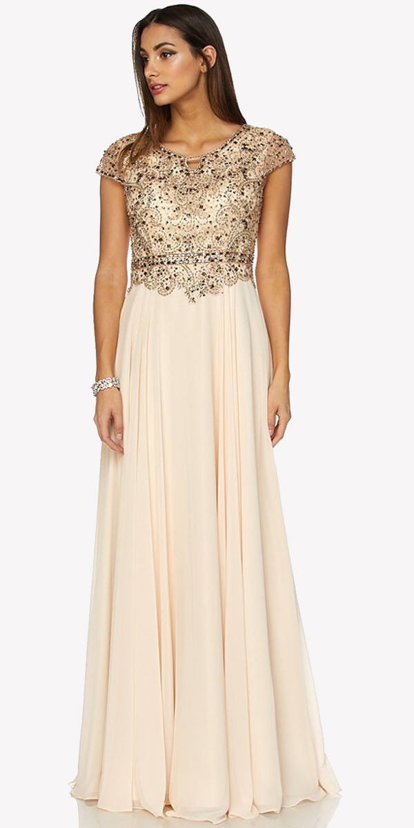 Champagne long A-line dress with cap sleeves and beaded bodice, pleated skirt.