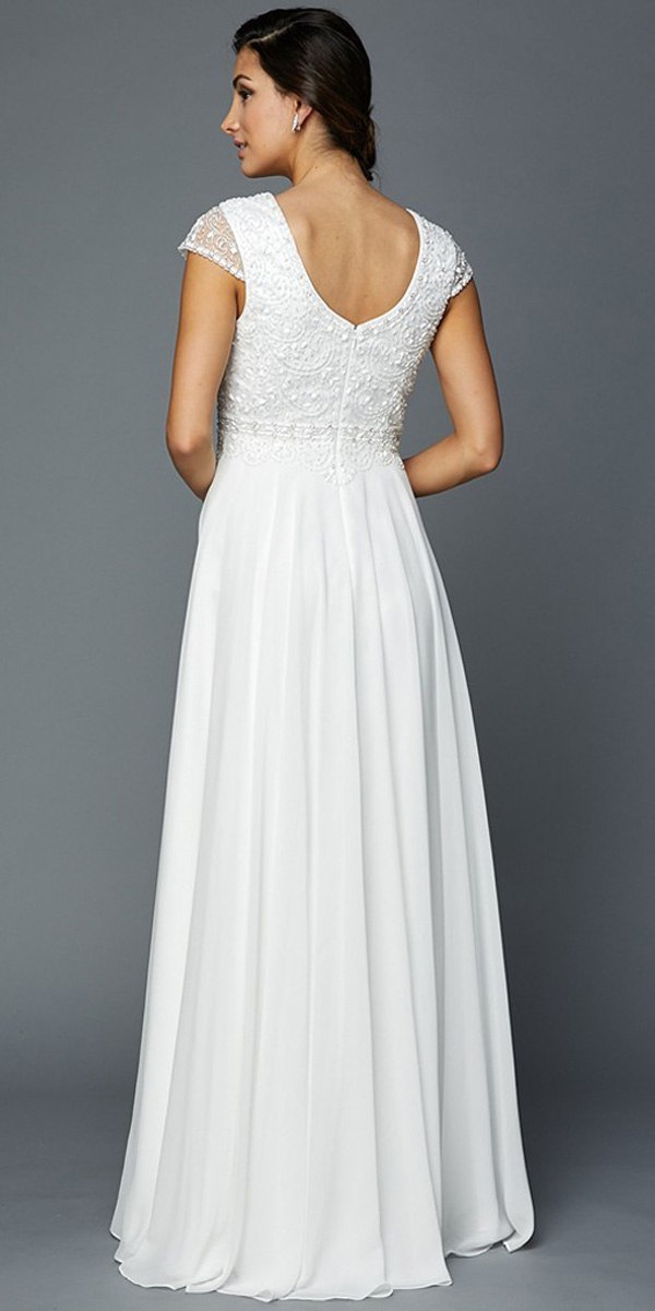 Light off-white long dress with cap sleeves, beaded bodice, A-line skirt, scoop back
