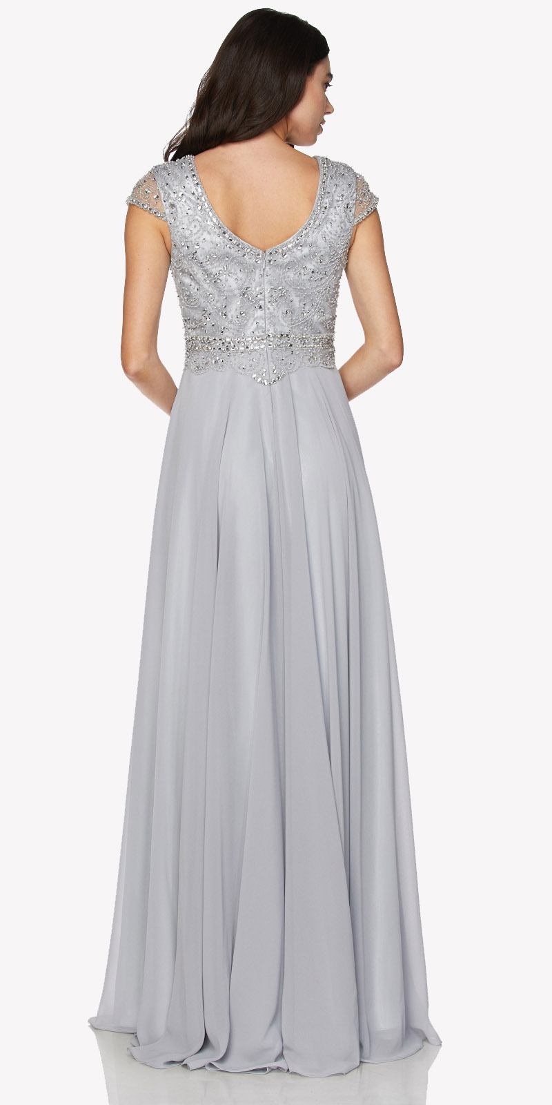 Silver-gray long dress, beaded cap-sleeve bodice, scoop back, A-line skirt