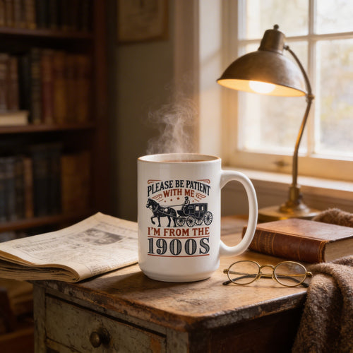 White ceramic mug with horse carriage graphic and “I’m from the 1900s” lettering.