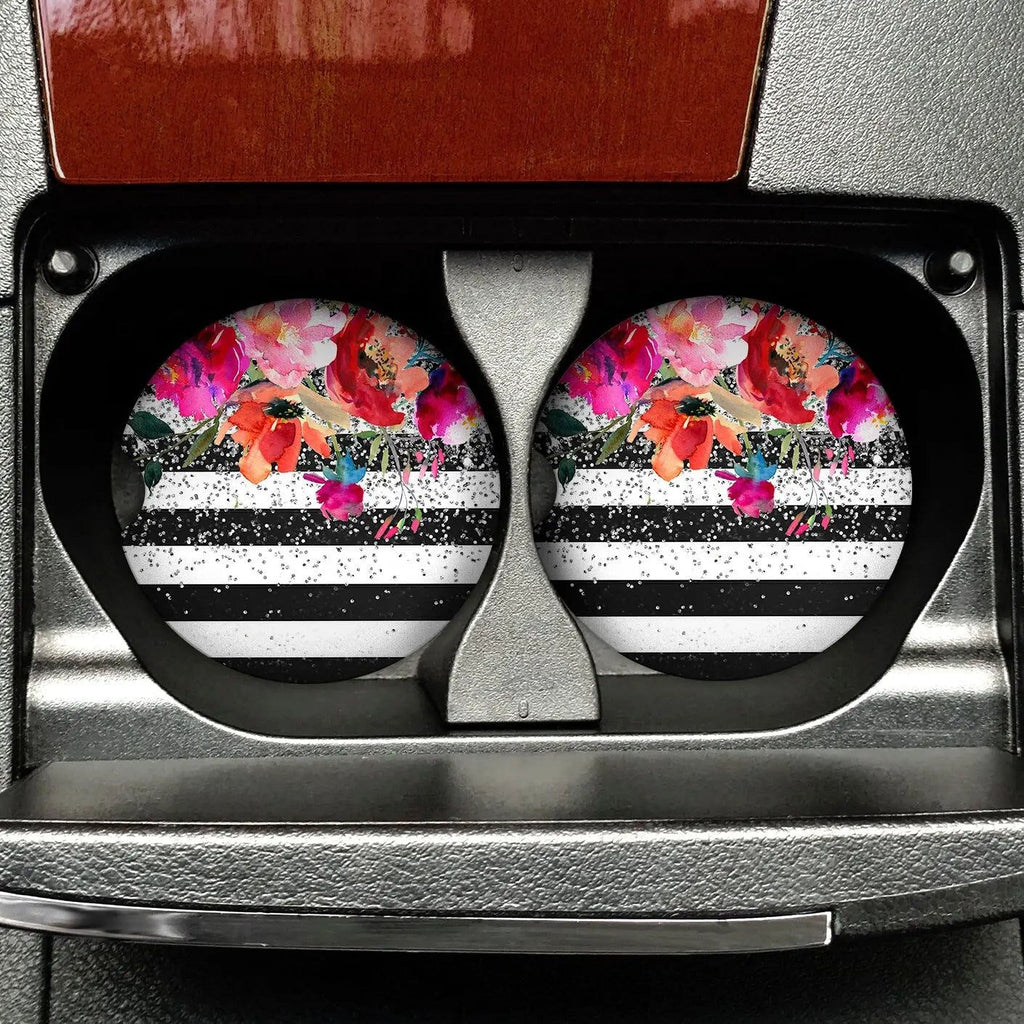 Set of 2 floral car coasters with black edging and white stripe pattern