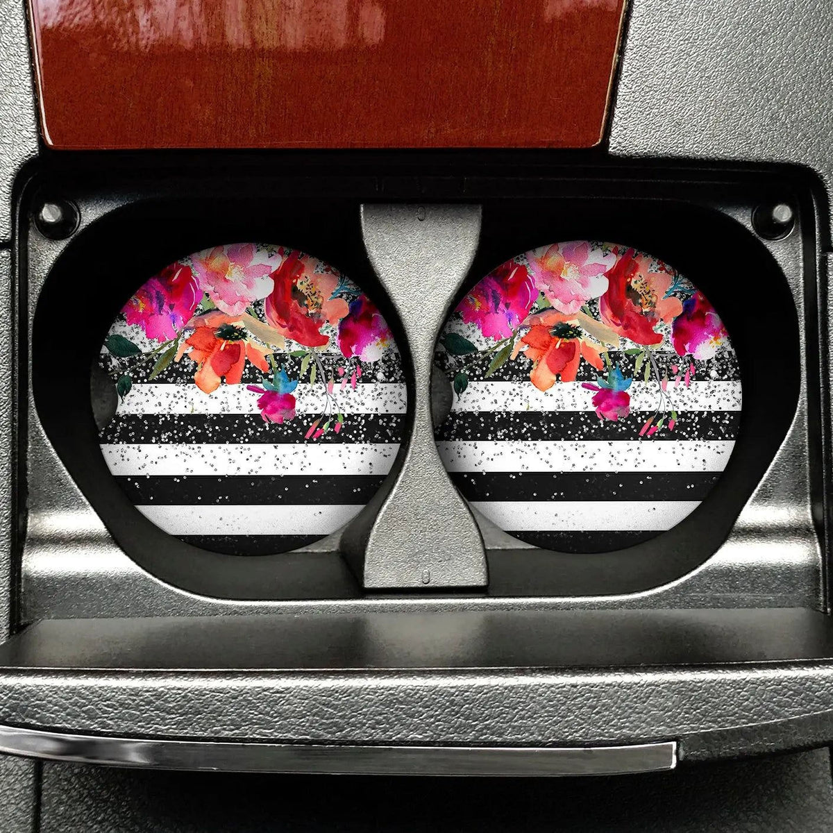 Set of 2 floral car coasters with black edging and white stripe pattern