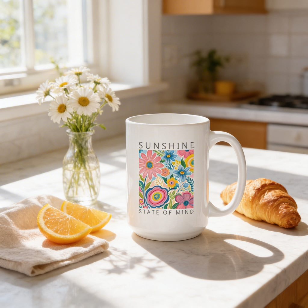 White ceramic coffee mug with colorful floral print and “Sunshine State of Mind”.