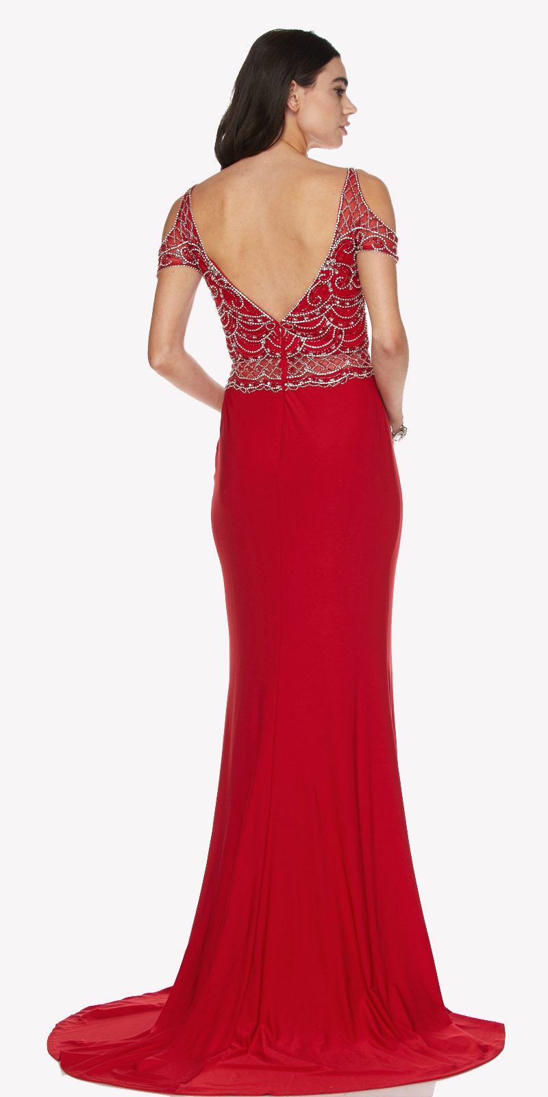 Red cold-shoulder gown with open V-back and short-sleeve embroidered straps