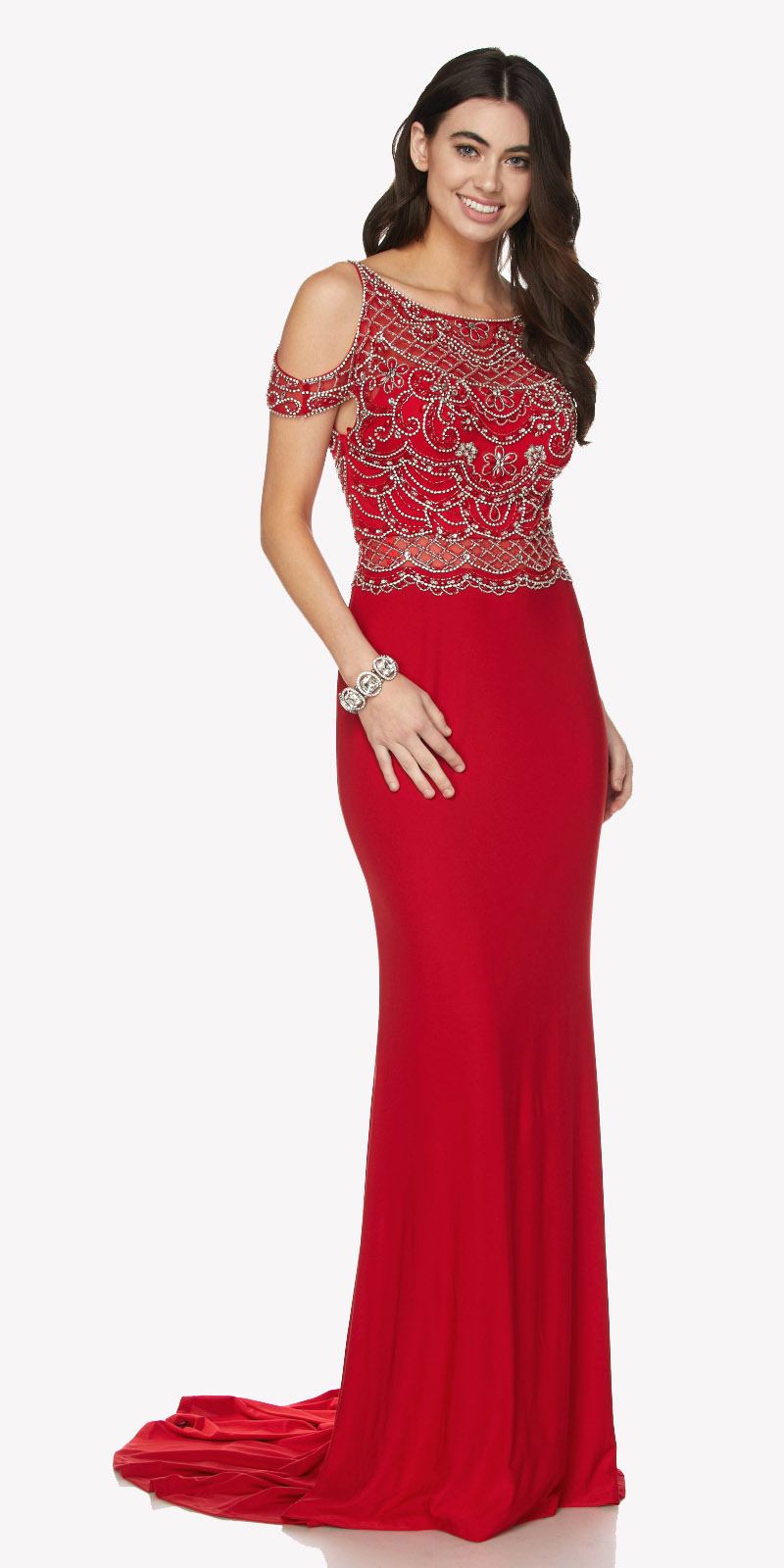 Red cold-shoulder gown with patterned bodice and off-shoulder cutouts