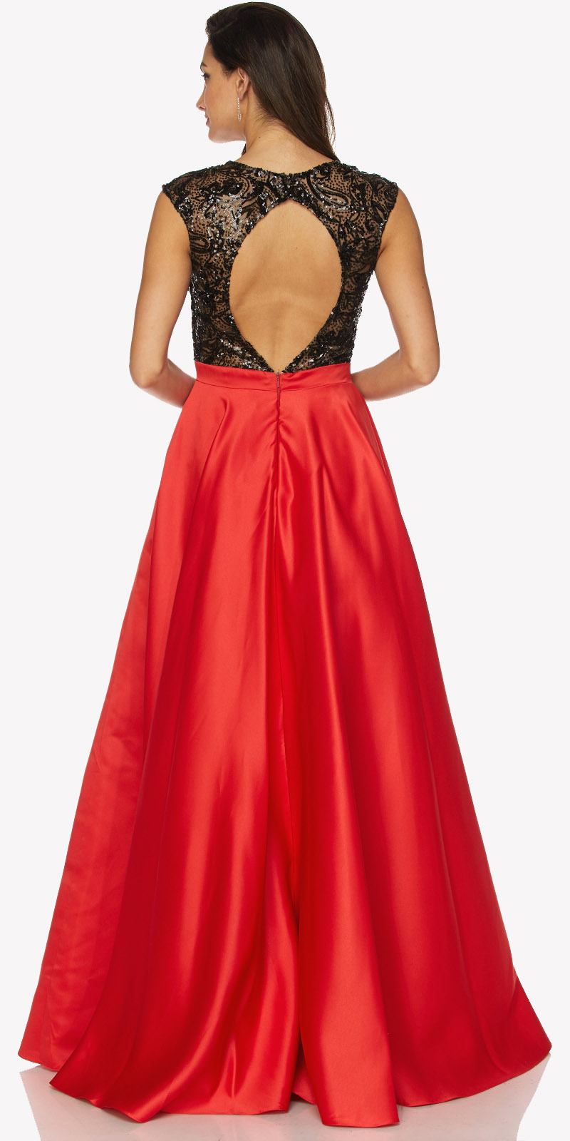 Sleeveless A-line dress with black lace back, keyhole cutout, and red satin skirt