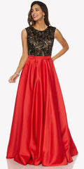 Sleeveless A-line dress with black lace bodice and red satin floor-length skirt