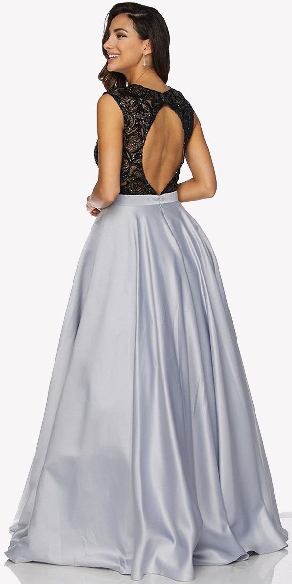 Sleeveless A-line dress with open keyhole back and black lace; silver satin skirt