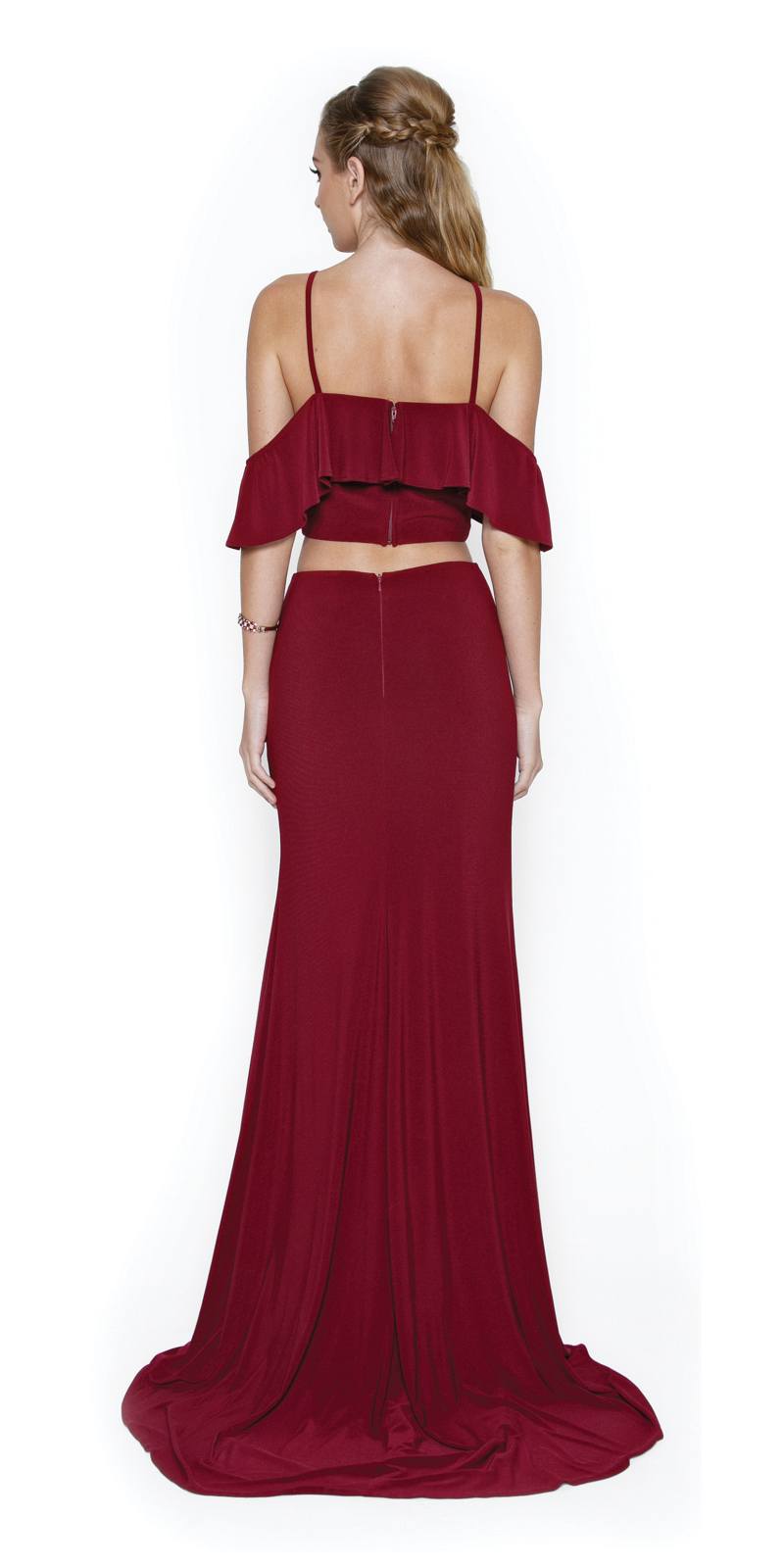 Back-view burgundy cold-shoulder two-piece gown with ruffled cropped top and long skirt slit
