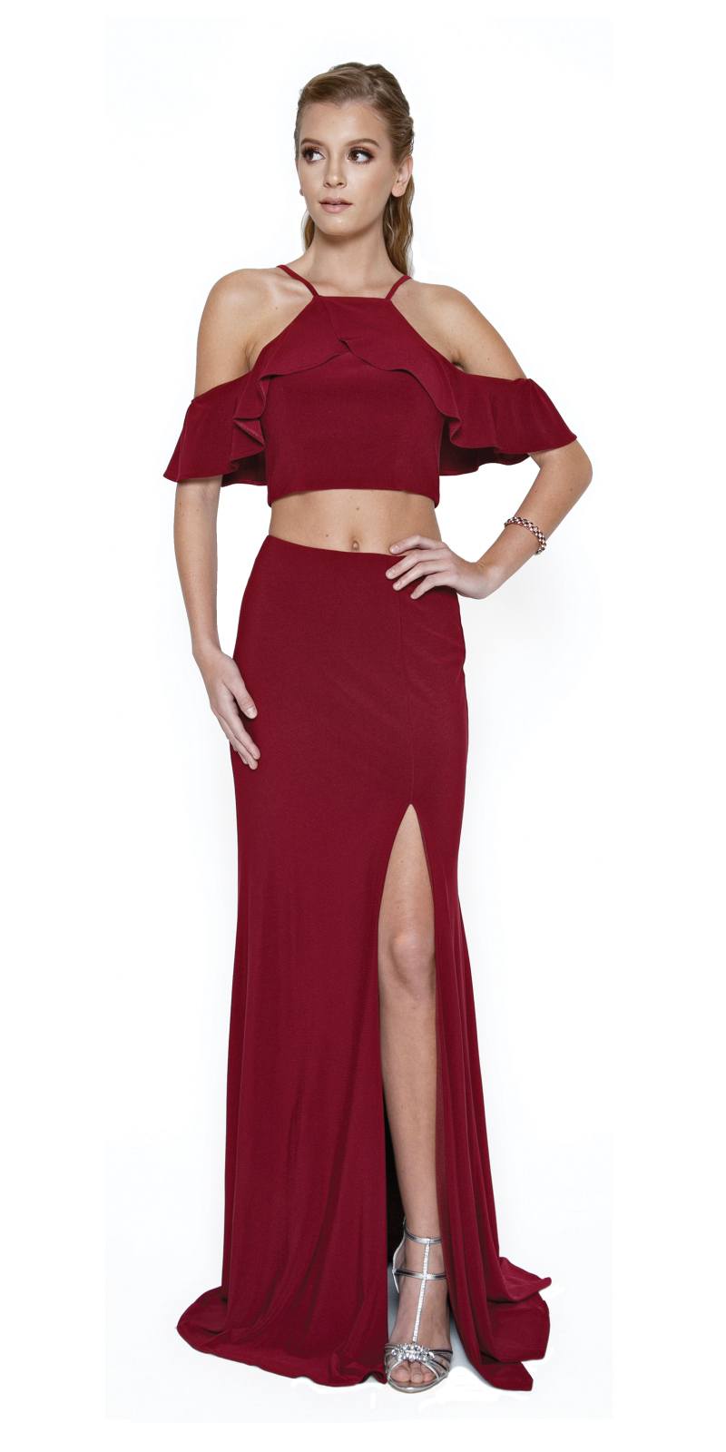 Burgundy cold-shoulder two-piece gown with ruffled cropped top and thigh slit skirt
