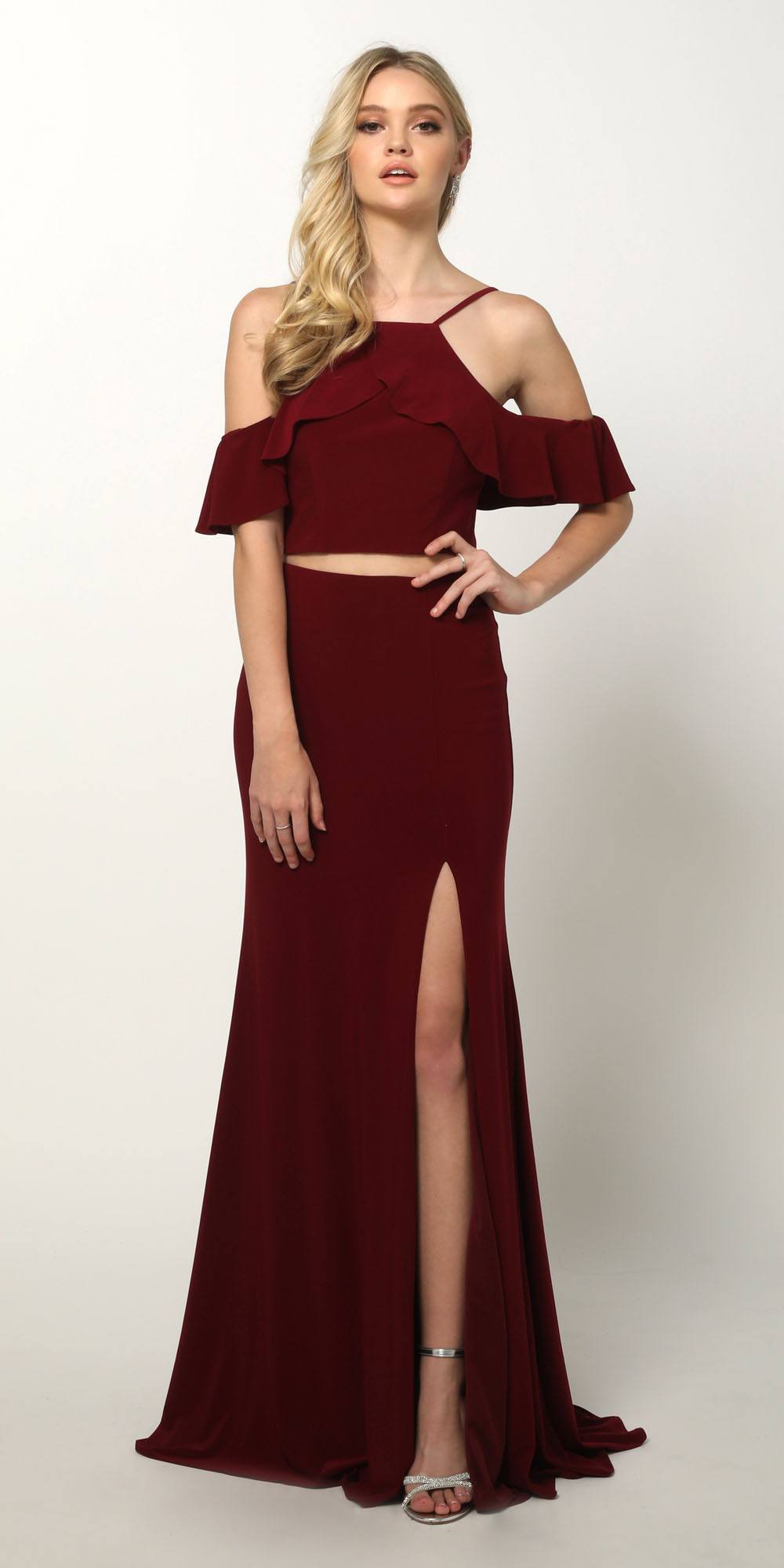 Burgundy cold-shoulder two-piece gown with off-shoulder ruffle top and long slit skirt