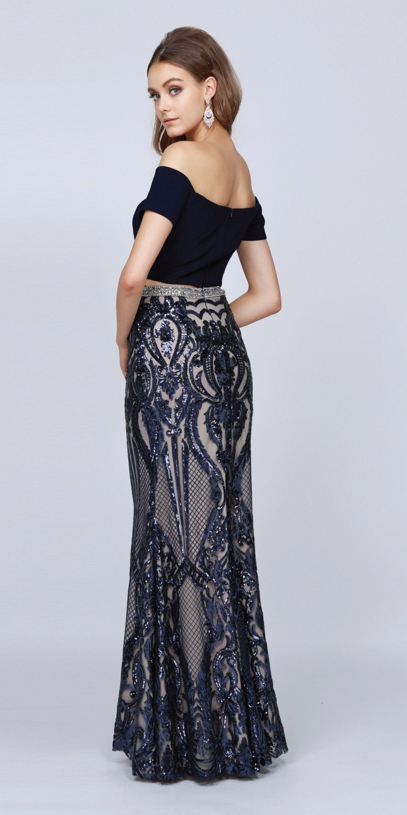 Off-shoulder crop top and long skirt set in navy blue, ornate sequin long skirt