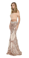 Off-shoulder crop top and long skirt set, blush pink top and rose gold sequin skirt