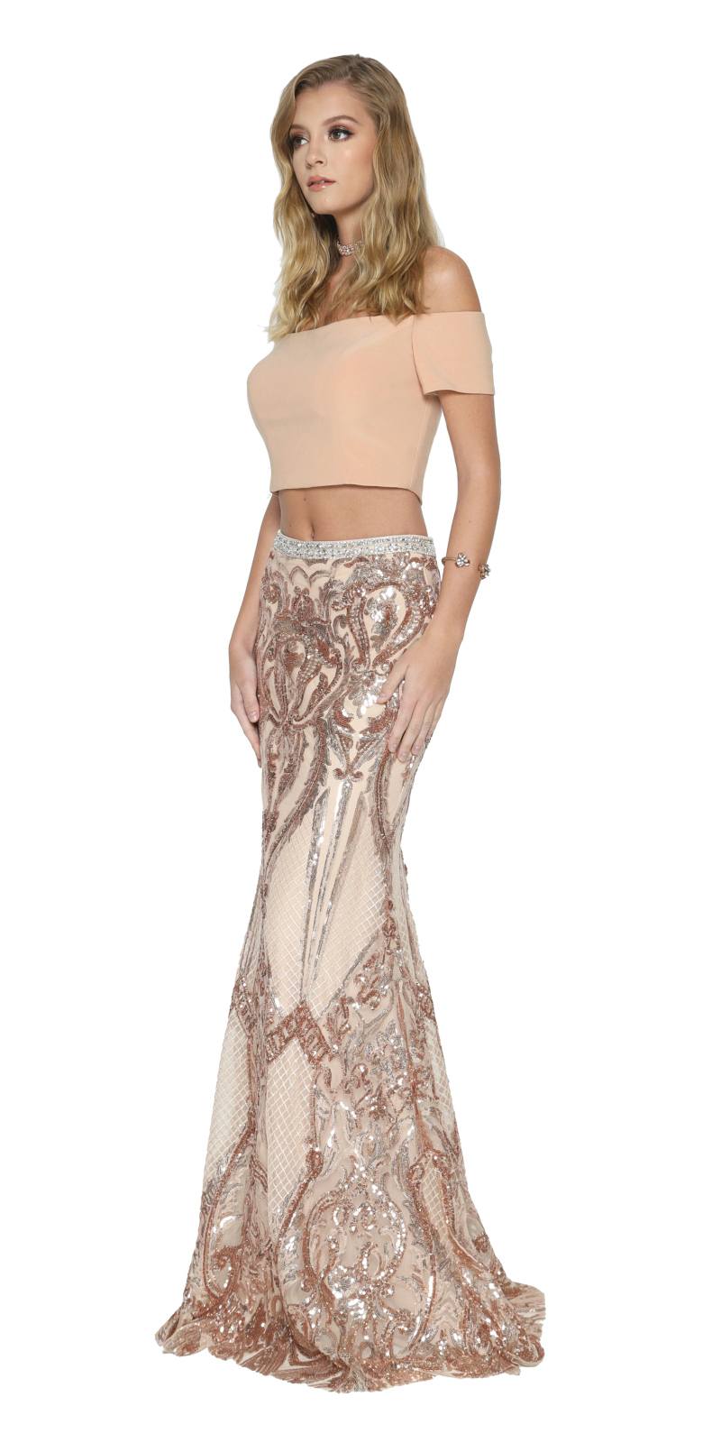 Off-shoulder crop top and long skirt set, blush pink top and rose gold sequin skirt