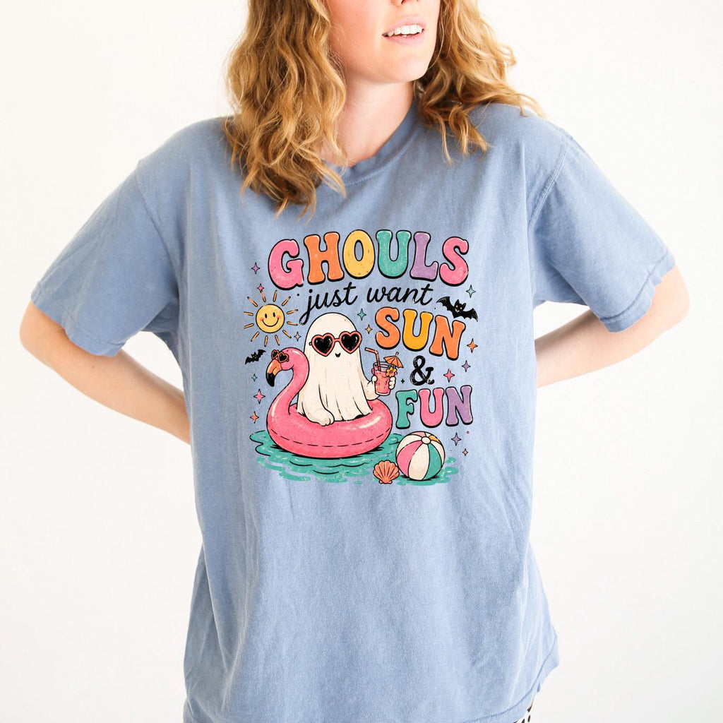 Slate blue crew-neck T-shirt with “GHOULS just want SUN & FUN” graphic