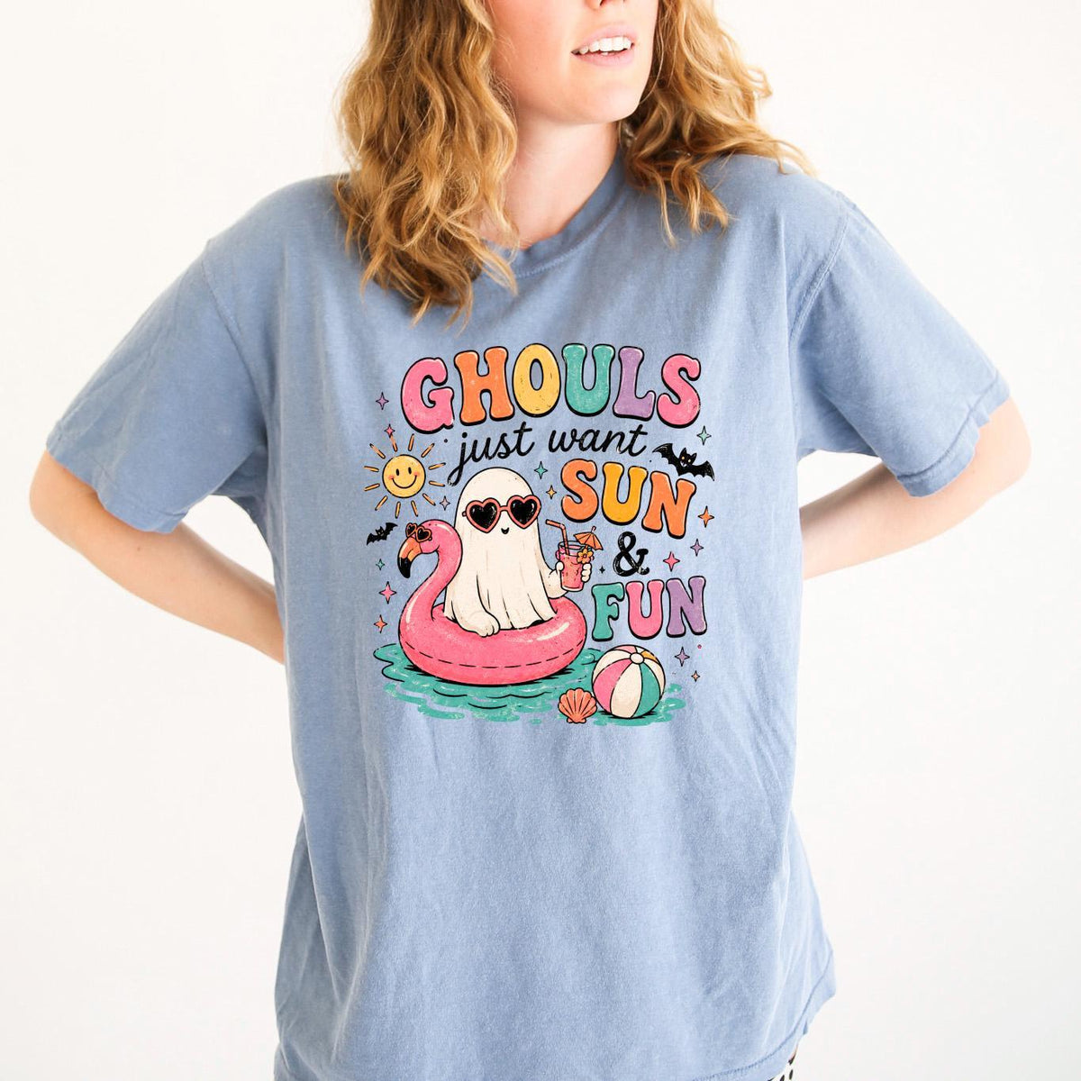 Slate blue crew-neck T-shirt with “GHOULS just want SUN & FUN” graphic