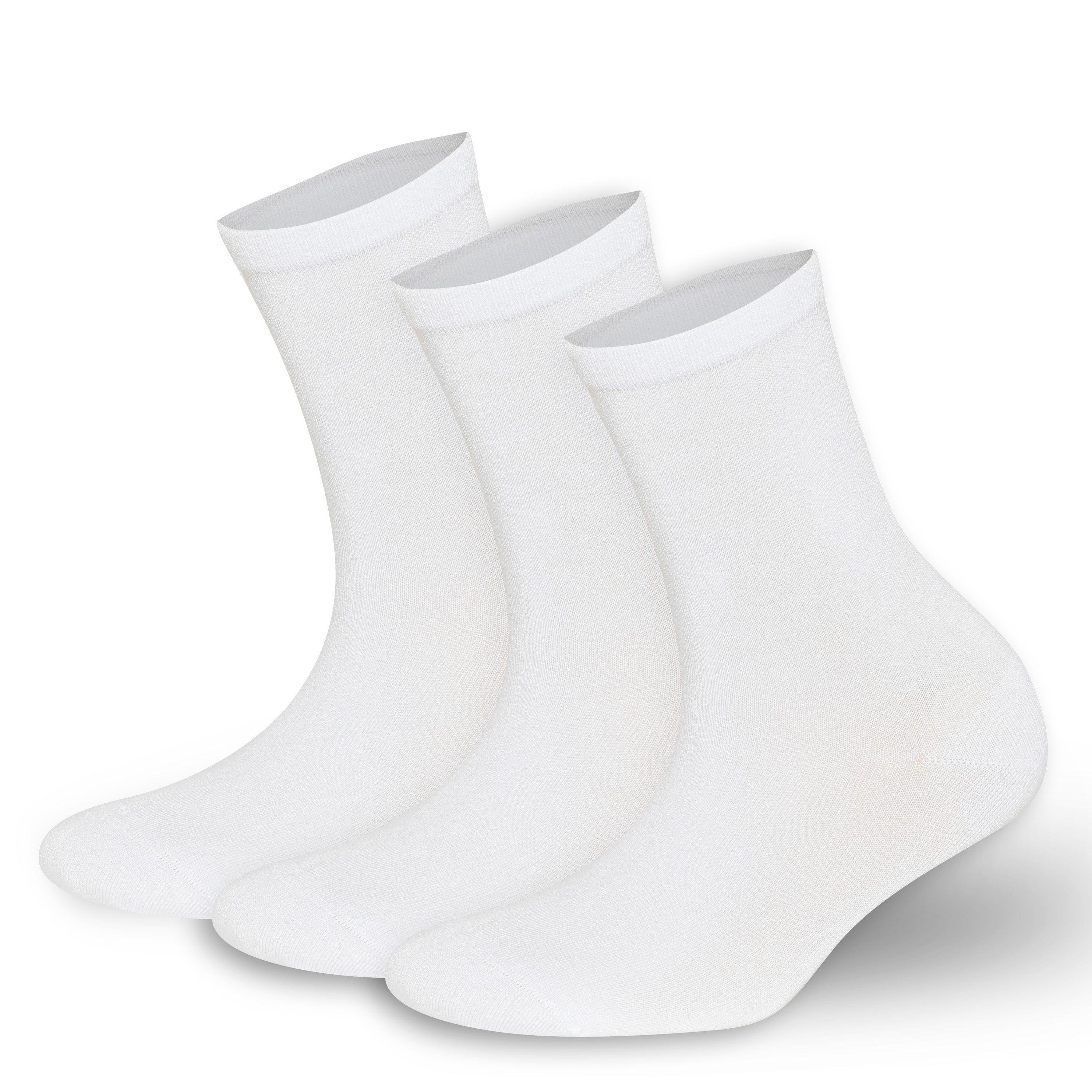 Bamboo crew socks 3-pack in white, ribbed cuff, rounded toe