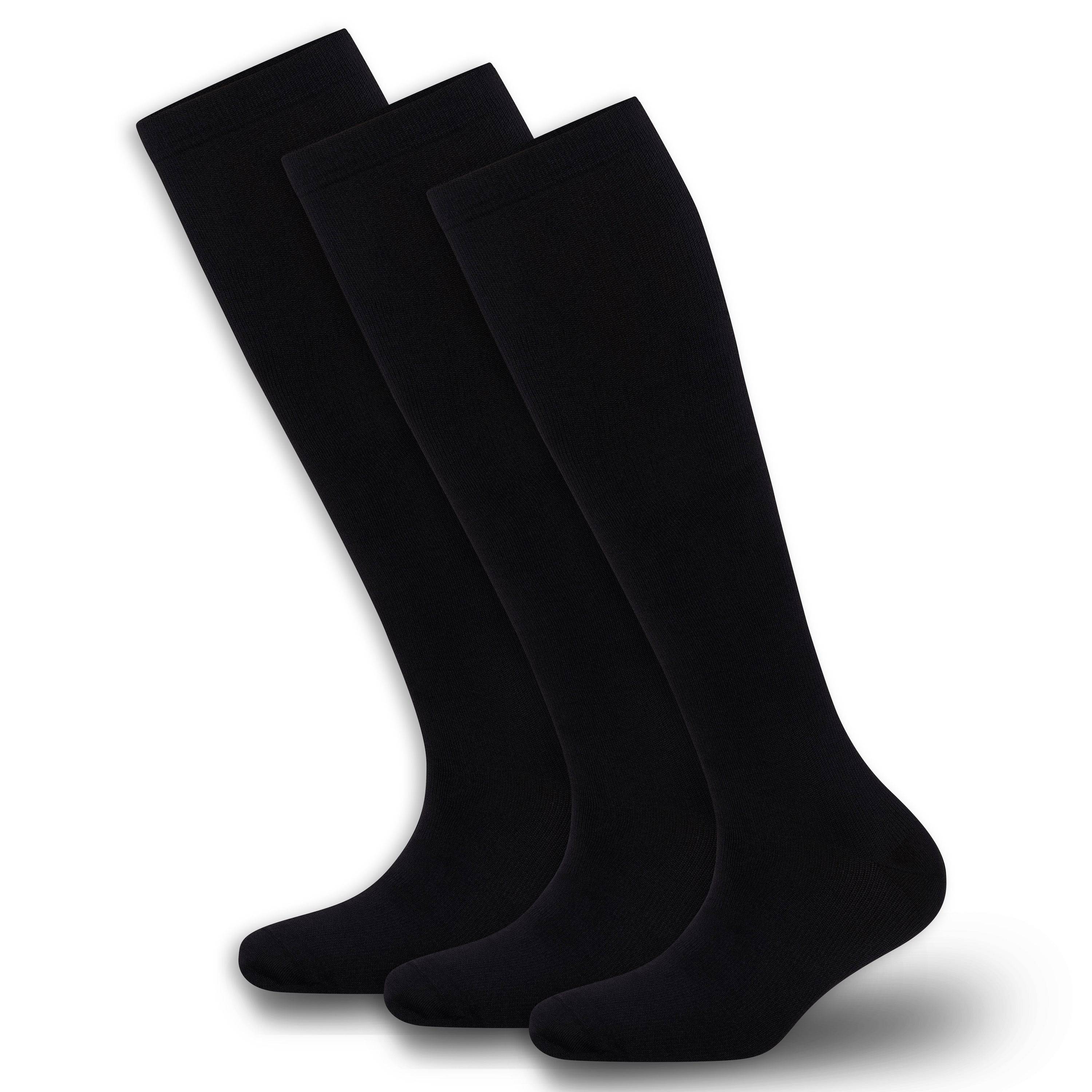 3-pack of black knee-high compression socks stacked together
