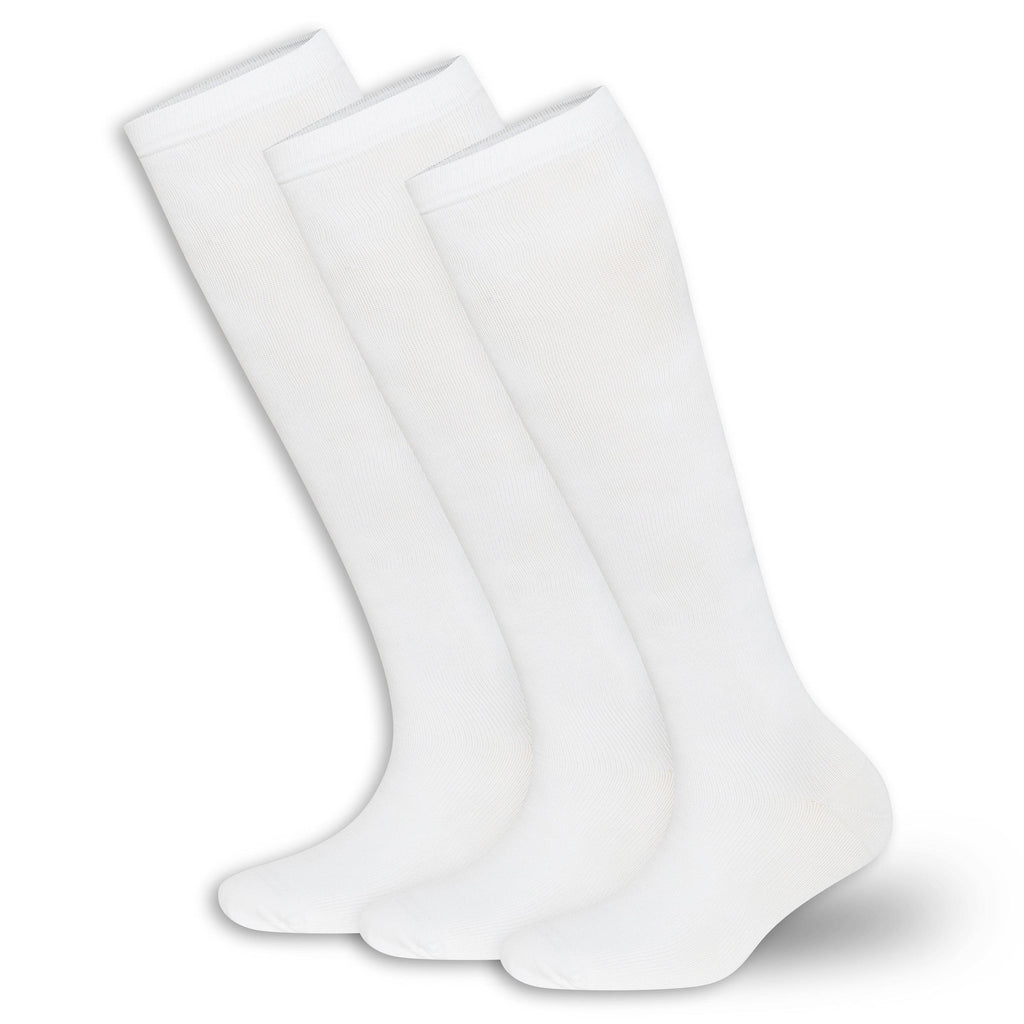 3-pack of white knee-high compression socks neatly folded