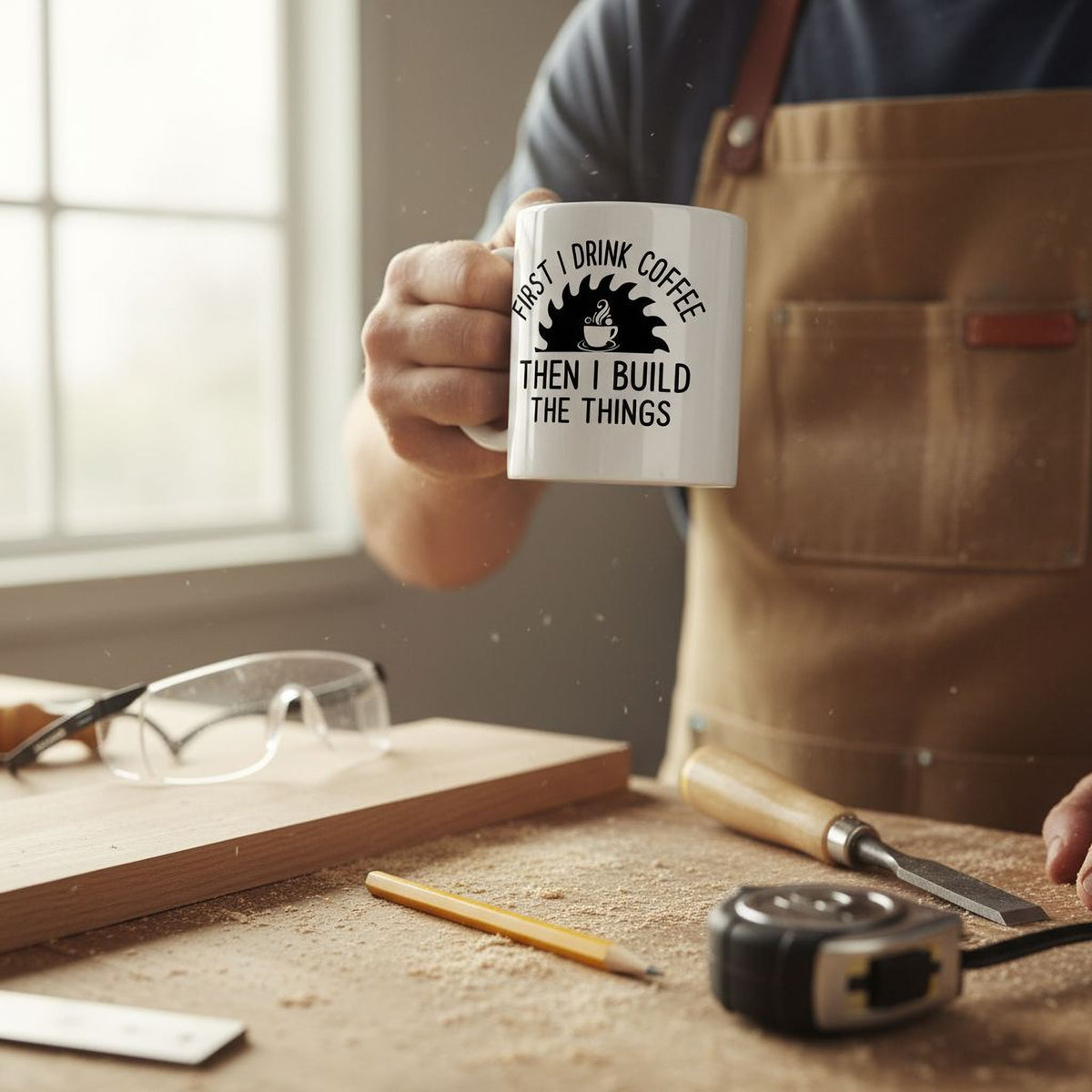 White ceramic coffee mug held in hand with black “First I drink coffee, then I build” text