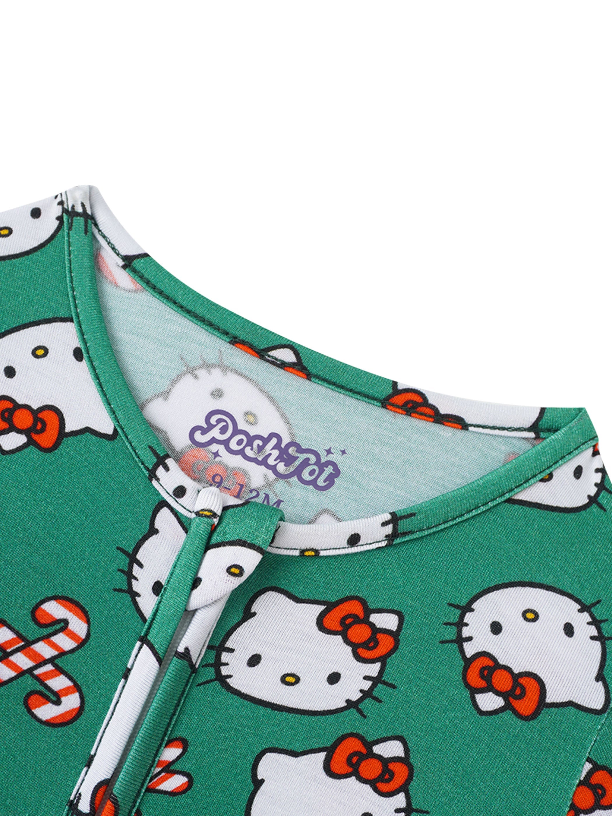 Green baby romper with scoop neckline, Hello Kitty print and PoshTOT logo at chest