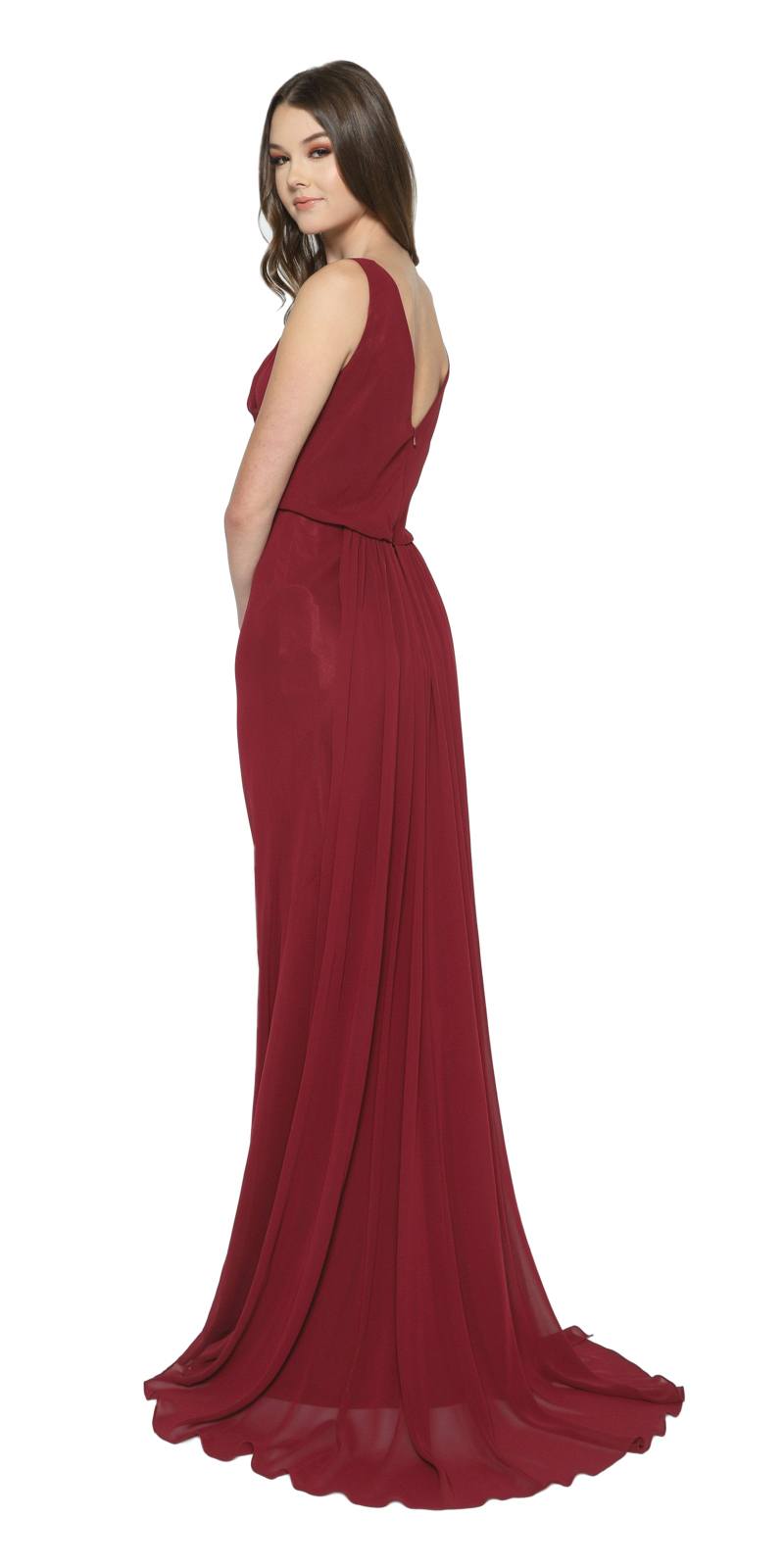 Burgundy sleeveless floor-length formal dress with cowl neckline and draped skirt