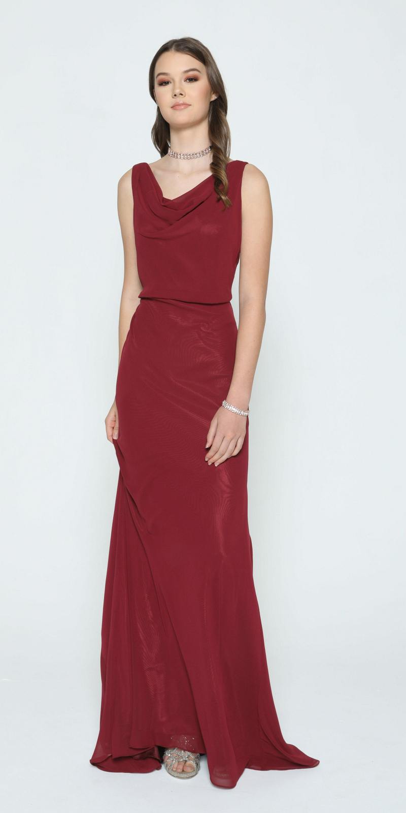 Burgundy floor-length formal dress with sleeveless cowl neckline and waist detail