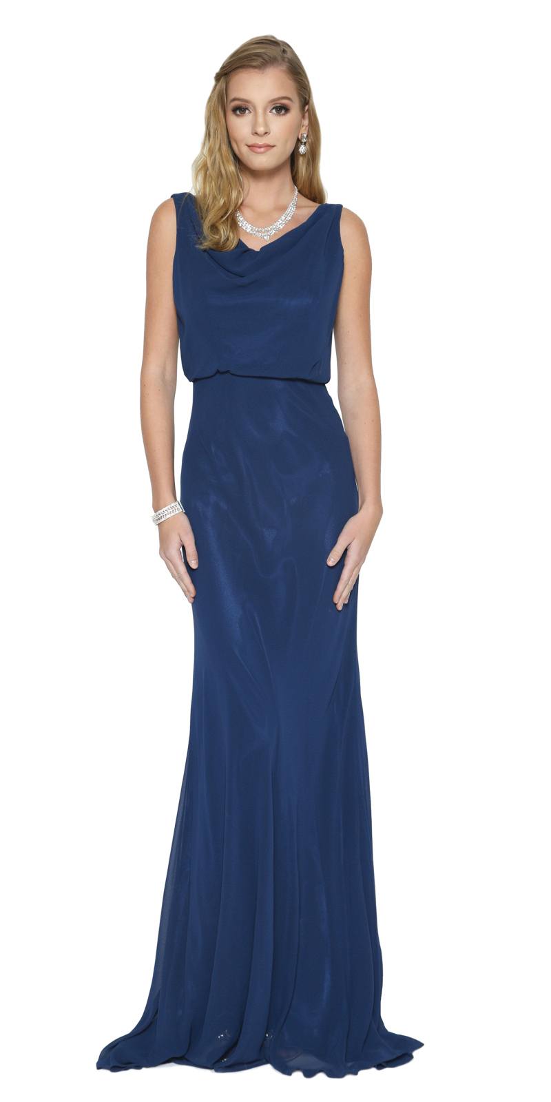 Navy sleeveless floor-length formal dress with cowl neckline