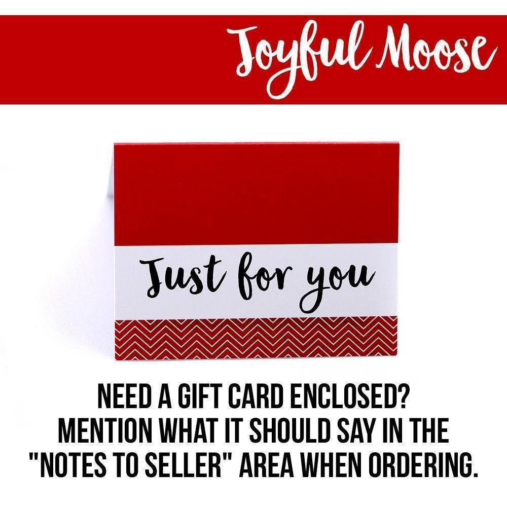 Red and white gift card note with 'Just for you' wording and 'Joyful Moose' header