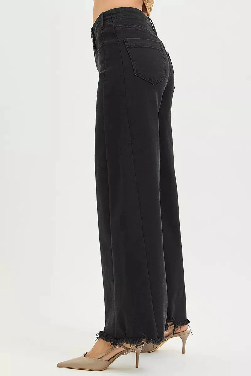 RISEN Tummy Control High Rise Palazzo Leg Frayed Hem Jeans - Stylish Tummy Control High Rise Jeans