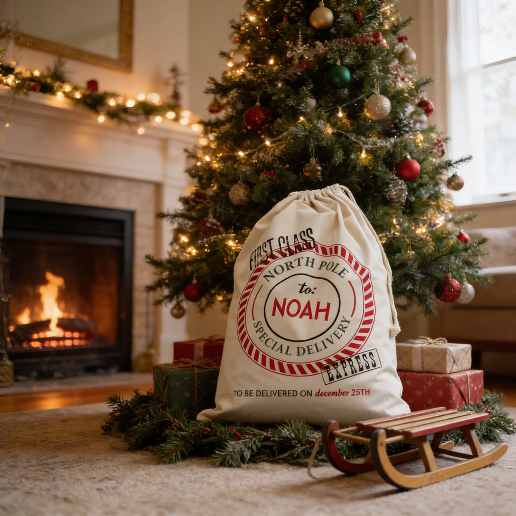 Cream canvas drawstring Santa bag with North Pole seal for Noah, standing upright.